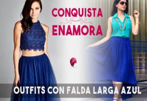 como combinar una falda larga azul en femenino