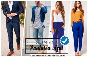 Como combinar un pantalón azul de mujer y hombre